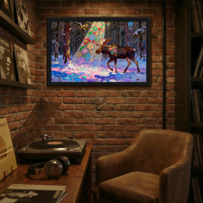 Christmas Moose In Winter Forest With Colorful Snowflakes