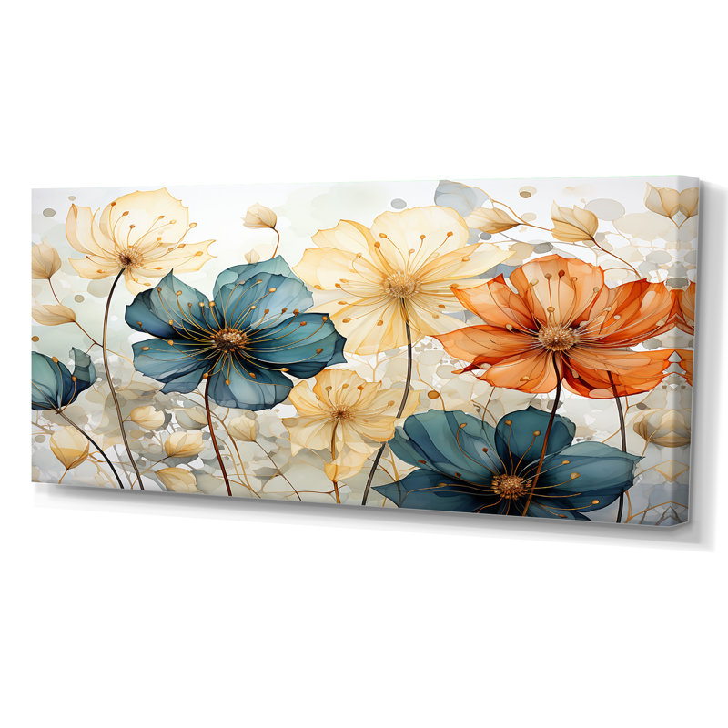 «Teal Orange Petal Mosaics I», art mural abstrait botanique pour le salon, H 30 po x l 40 po, Toile tendue, Sans cadre