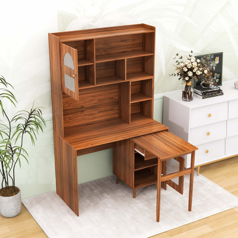Bureau avec bureau rotatif à 90 °, tiroir de rangement, armoires et tablettes, Noyer