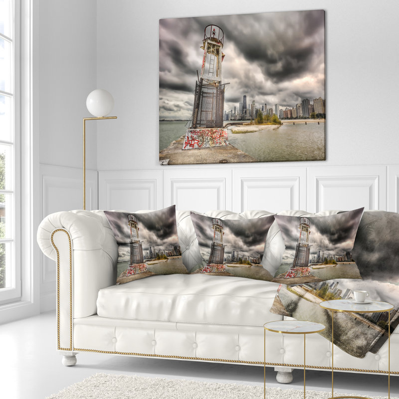 Feu de navigation Lake Michigan - Coussin imprimé paysage urbain, 18 po x 18 po, Coussin décoratif