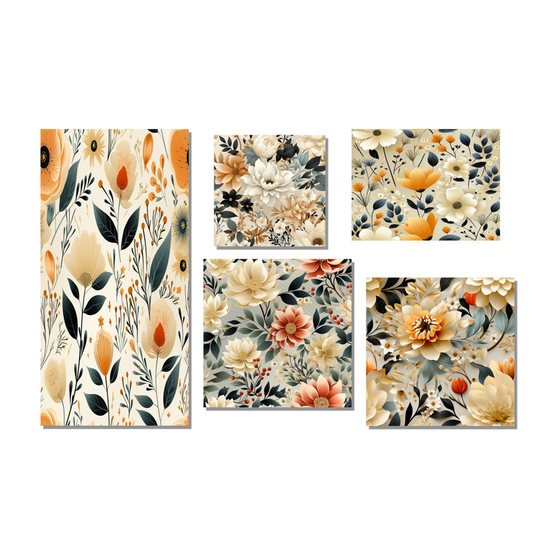 Maelle - ensemble de 5 reproductions d'art sur toile florale, Toile tendue