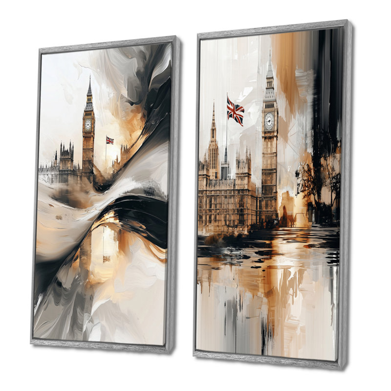 Big Ben Glow In England I - Paysages, art mural 2 panneaux, H 40 po x l 41 po, Encadrement argenté
