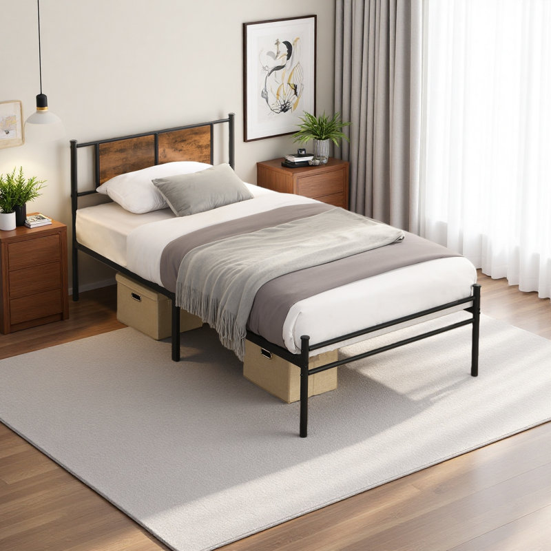Twin XL Size Metal Bedframe,Headboard With Wood Panel Decoration
