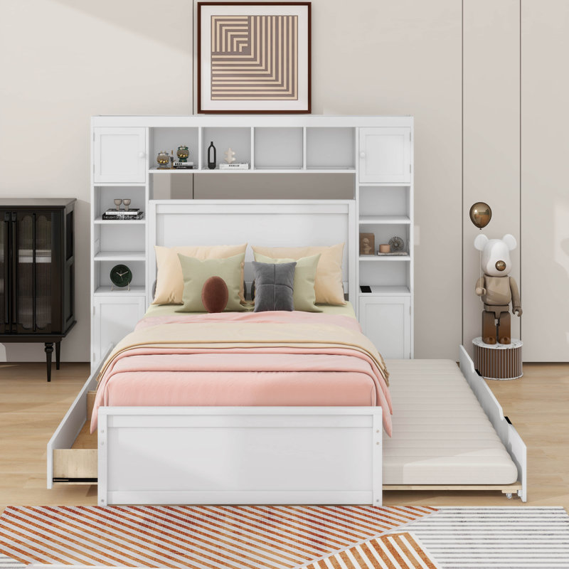 Lit double en bois avec armoire, tablette et prises, lit gigogne simple, Blanc
