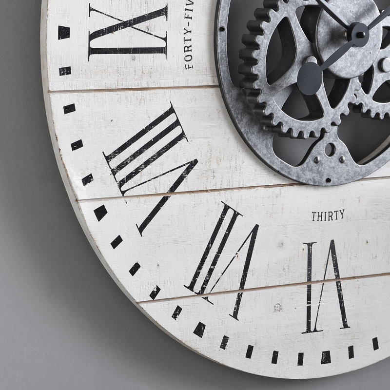 Oversized White Shiplap Gears Wall Clock with Galvanized Center
