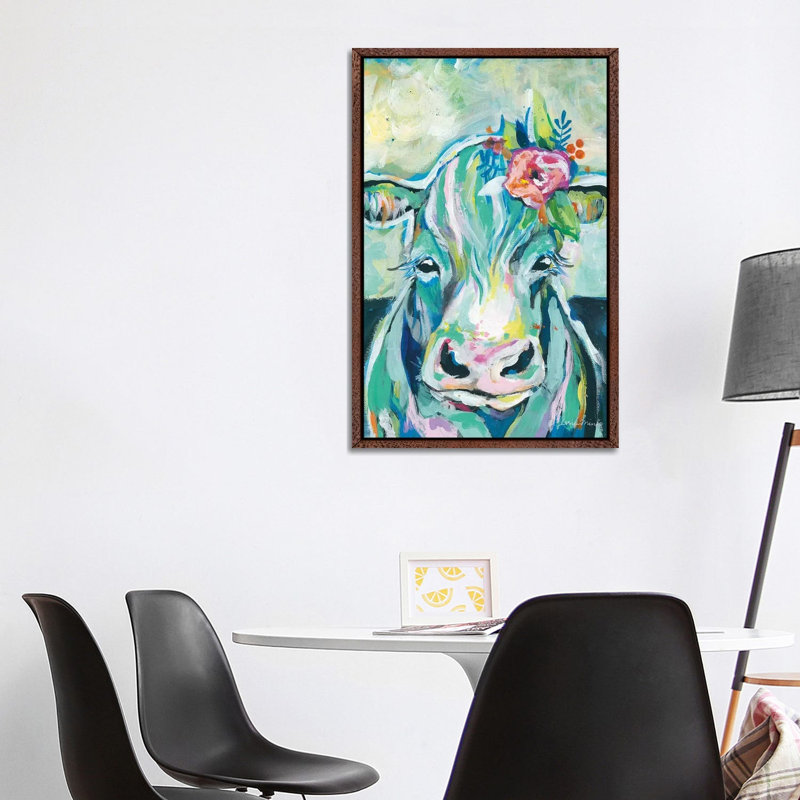 Sweet Cow by Jessica Mingo - Painting on Canvas, Classic Brown Wood Floater Framed, 101.6cm H x 66.04cm W x 3.81cm D