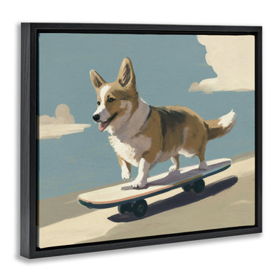 Skateboarding Corgi Dog Framed Floater Canvas Wall Art by Svetlana Aleynikova