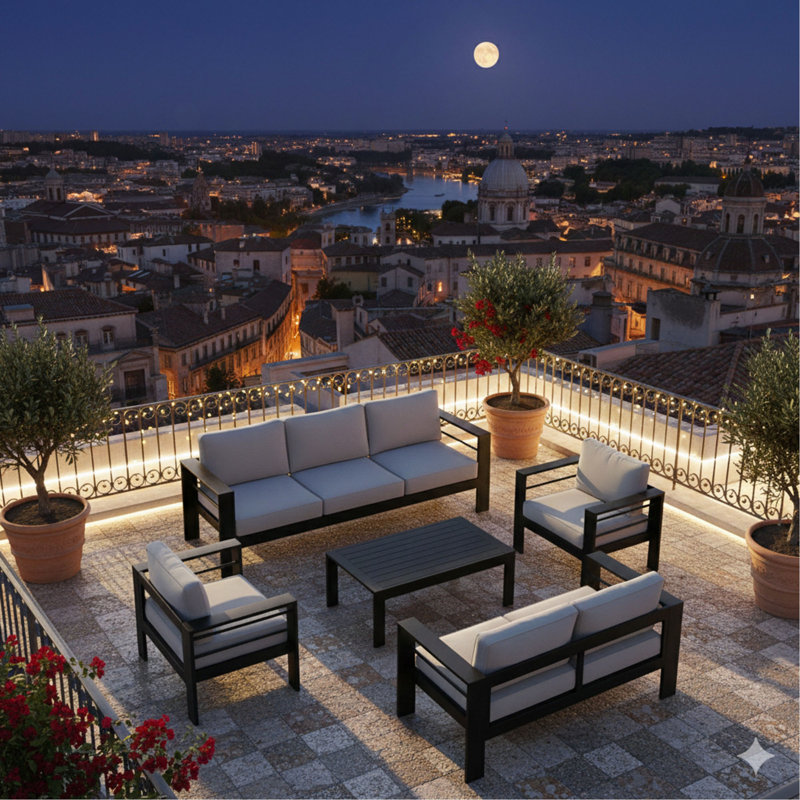 Ensemble de conversation 5 pièces pour patio moderne en aluminium, canapé 7 places avec coussins épais et table basse