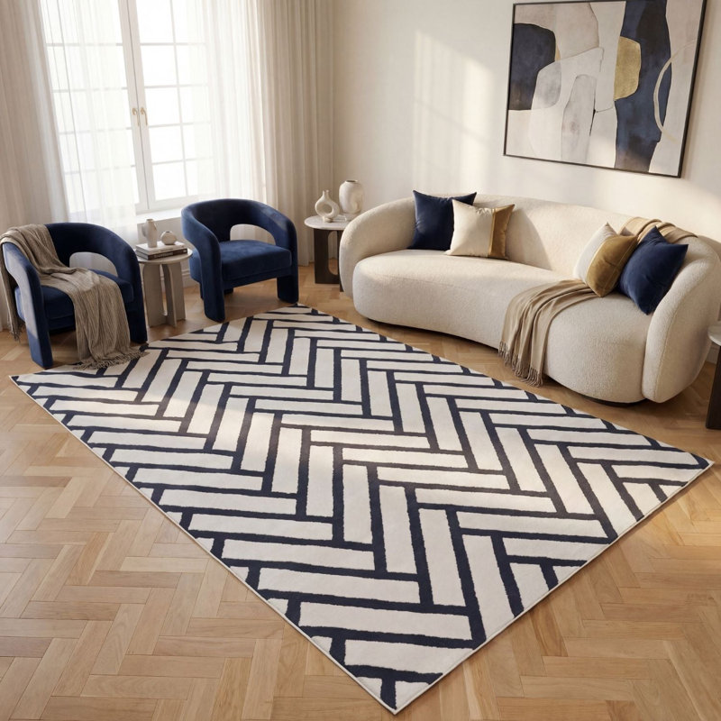 Loft Modern Chevron Living Room Area Rug and Runner Soft Pile, Runner 80 x 300 cm, Navy/Ivory