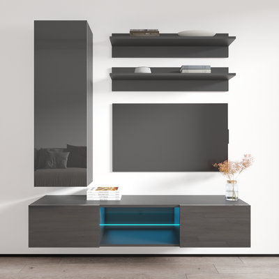Leung 63" Modern Floating Wall Mounted Entertainment Center with 16-Color LED Lighting, High Gloss Finish