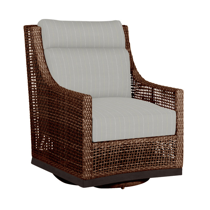 Outdoor Peninsula Gliding Wicker/Rattan Chair with Cushions, Mahogany/Chestnut, Welt + Standard fill, Linen Chambray