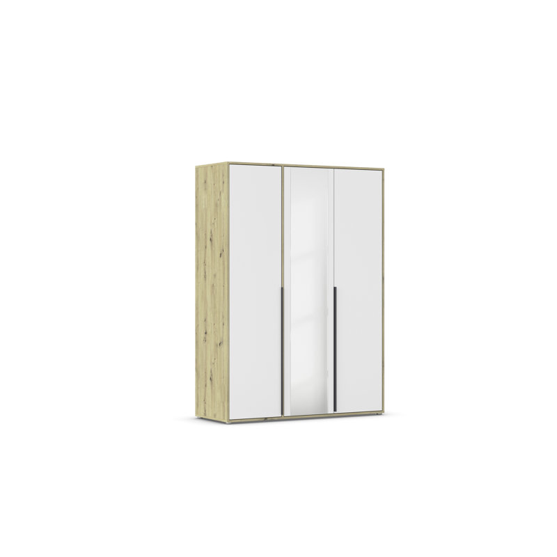 Hinged door wardrobe NAGata with modern handles with mirror, Alpine White/Artisan Oak, 194cm H x 187cm W x 53cm D