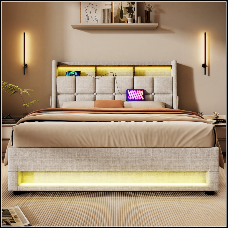 Lit plateforme tapissier avec rangement hydraulique, éclairage à DEL et charge USB pour un confort et une commodité modernes