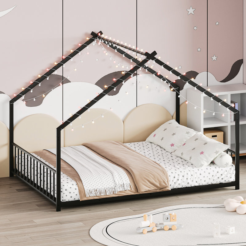 Structure de lit double sur le toit en fer noir avec quatre lumières DEL de couleur, longueur de 78,5 po, largeur de 55,9 po, hauteur de 58,4 po, limite de poids de 350 lb, conception sécuritaire pour 58,4 po de couleur, charge, assemblage rapide