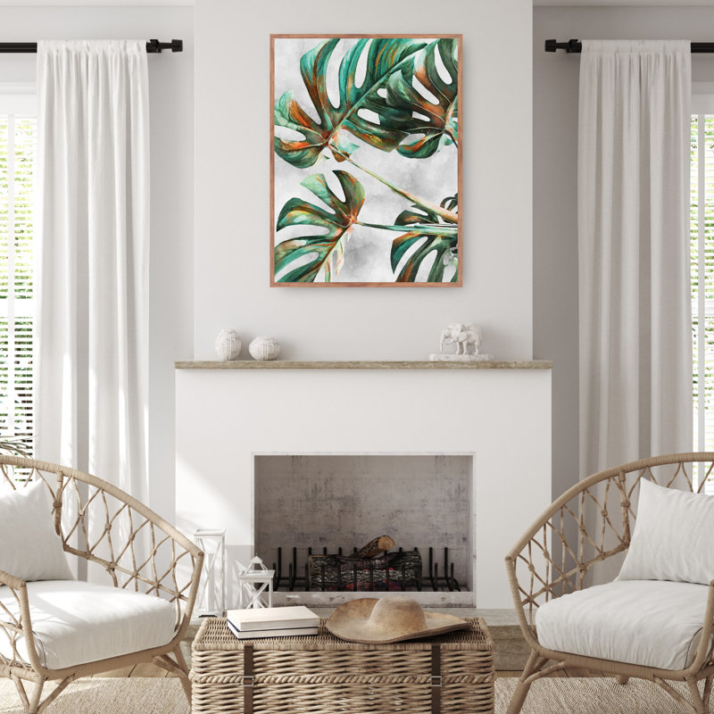 Monstera Green and Orange Canvas Art Print with Maple Frame