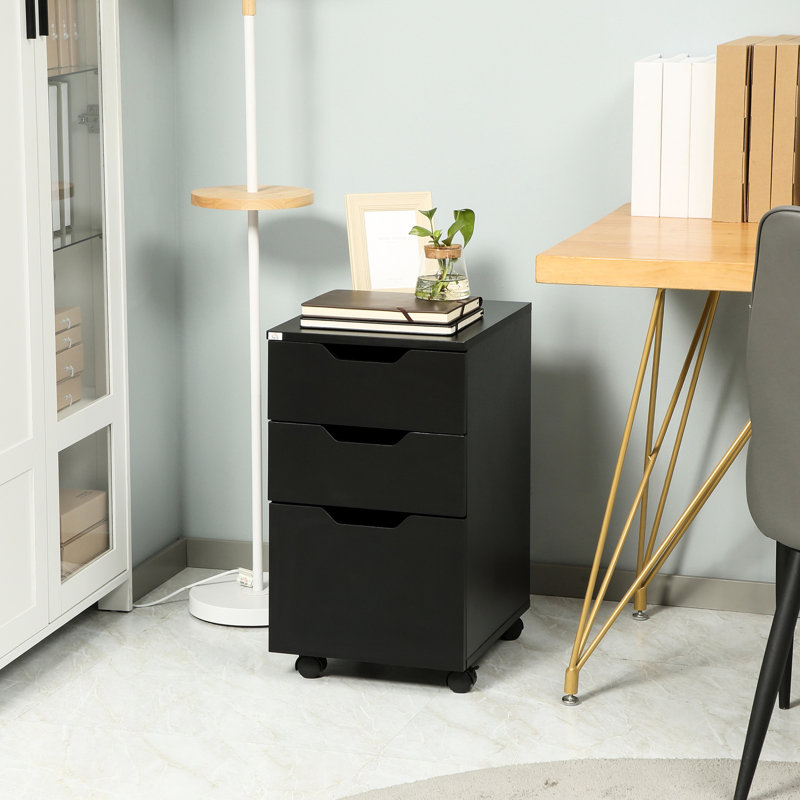 Armoire de bureau mobile à 3 tiroirs, support pour imprimante à roulettes noires, solution de rangement verticale, grande capacité pour la papeterie, tiroirs coulissants, 2 verrouillables, se range sous le classeur