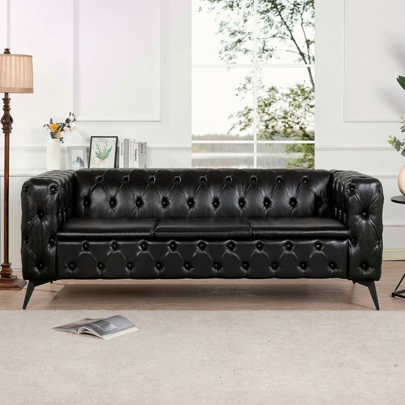Natsue 84.06'' Faux Leather Sofa, Black Faux Leather
