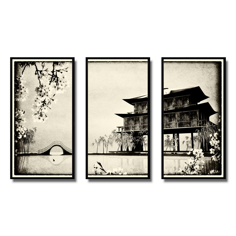 Encre de Chine, ensemble d'art mural sur toile encadré paysage, H 28 po x l 36 po, Noir