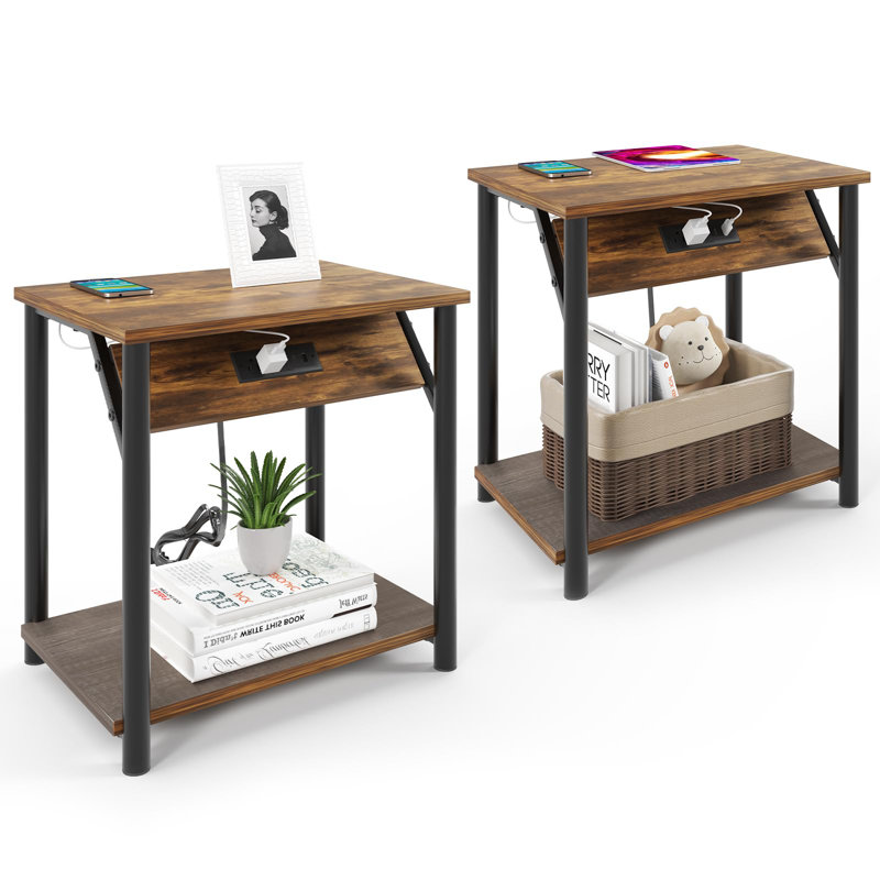 Simple Bedside Table with Open Storage Shelf, Charging Station, Easy to Assembly, Brown