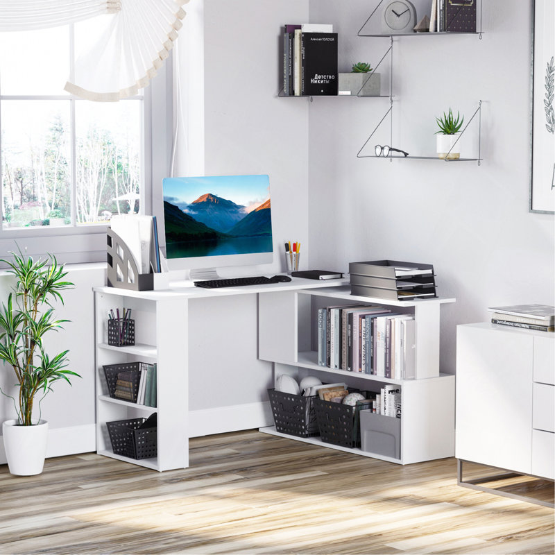L Shaped Corner Desk, 360 Degree Rotating Home Office Desk With Storage Shelves, Writing Table Workstation, White