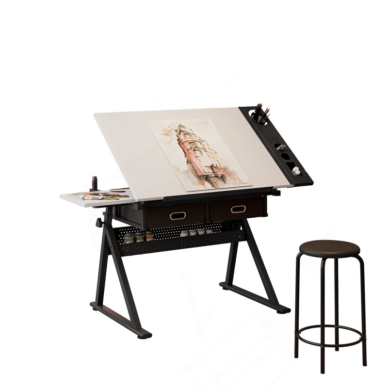 Bureau de dessin réglable avec tabouret et 2 tiroirs pour le bureau personnel, Blanc/Noir