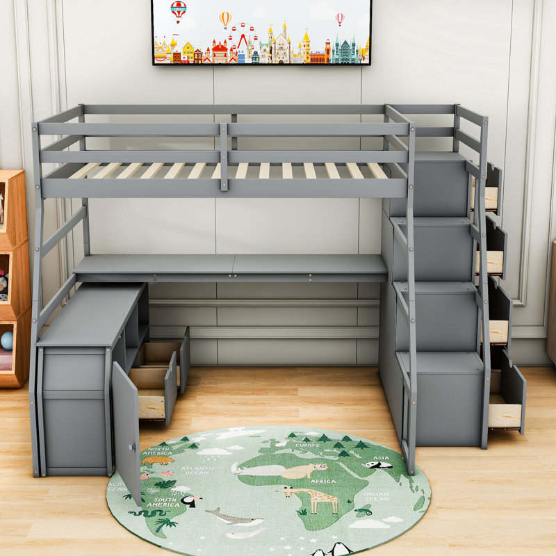 Lit mezzanine double avec 7 tiroirs et bureau Kayliana, gris