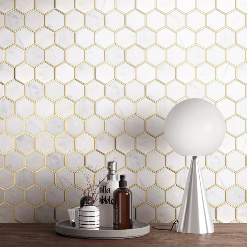 Natural 12.8 in. x 11.11 in. Hexagon Polished Marble Mosaic Tile, White/Gold
