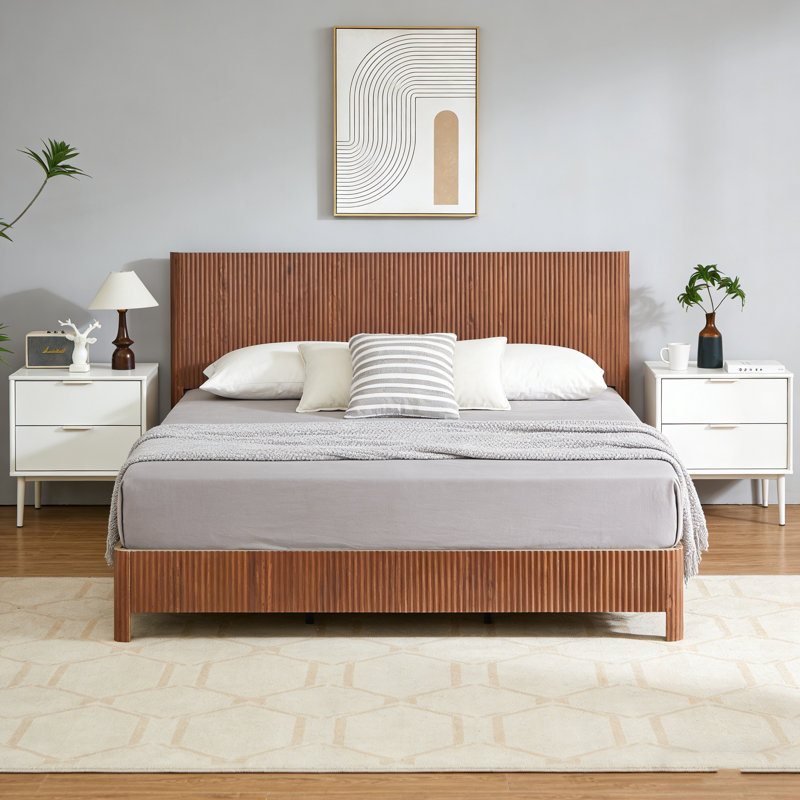 Structure de lit très grand en bois avec lignes courbes ondulées, sans sommier tapissier (noyer), Walnut