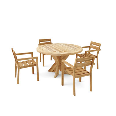 Ensemble repas d'extérieur en teck récupéré massif avec table ronde et chaises naturelles Morones