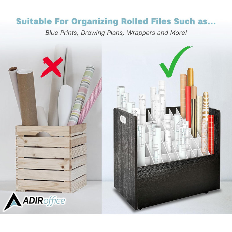50-Compartment Mobile Wood Roll File Storage Organizer, Black
