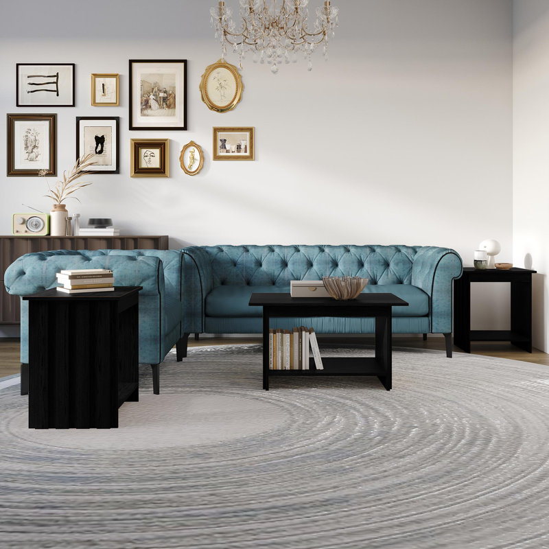 Ensemble de 3 tables basses et tables de bout avec pieds inclinés en noir, Noir