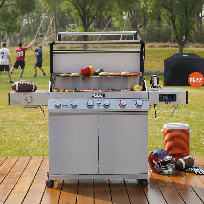 Monument Grills Denali 605Pro 6+1 Burner Smart Propane Gas Grill, 78,000 BTU Stainless Steel Grill with Infrared Sear Burner, Bluetooth App, Rotisserie Kit & Grill Cover