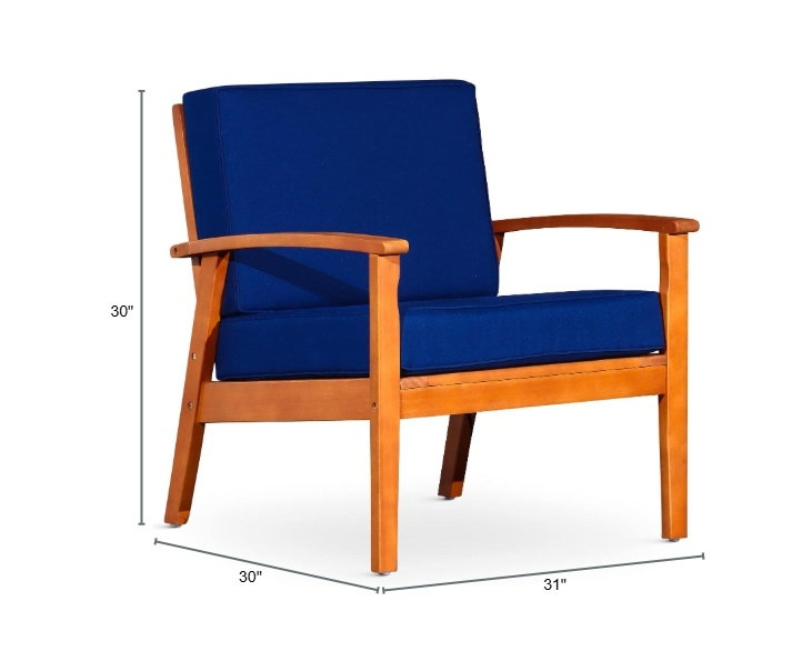 Fauteuil profond en eucalyptus, fini à l'huile naturelle, coussins bleu marine