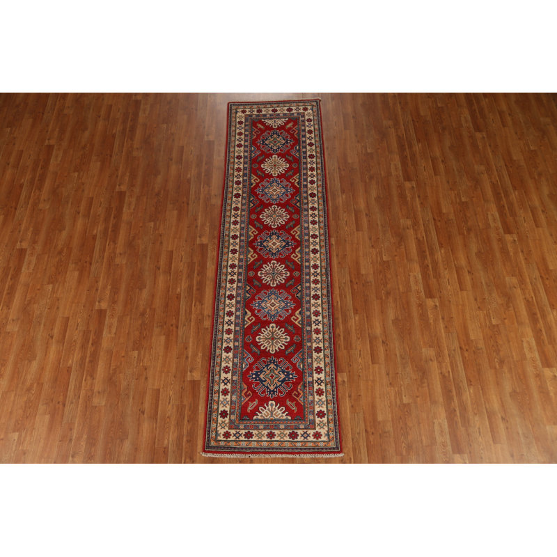 Tapis de couloir oriental rouge en laine Kazak fait à la main 3 x 9