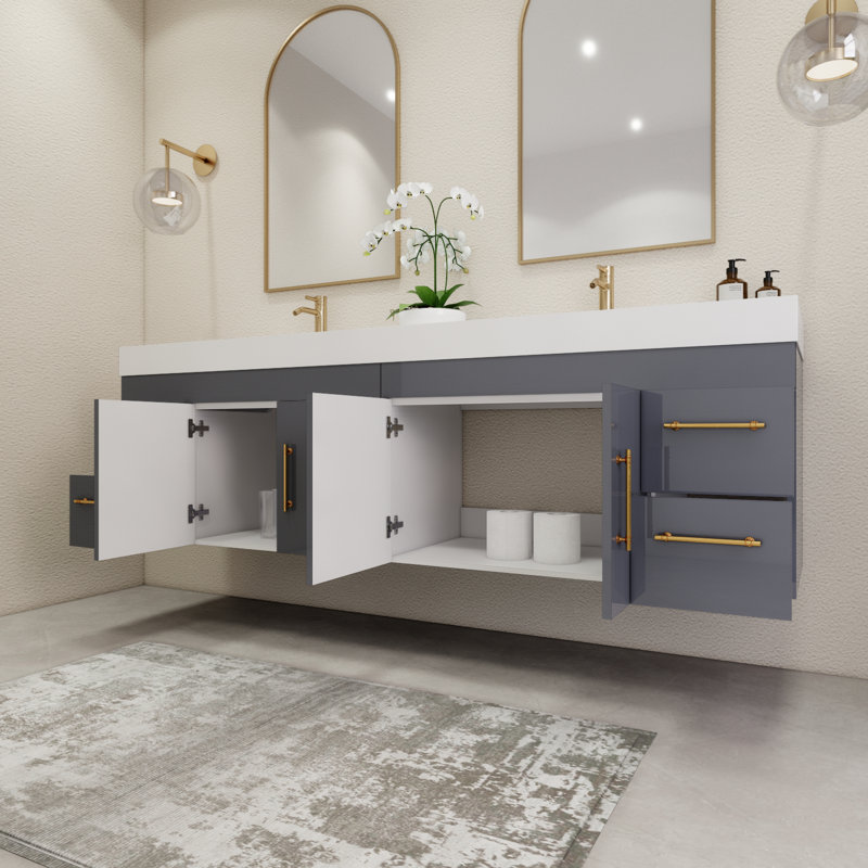 Ensemble de meuble-lavabo double mural 83,4 ", Gris lustré