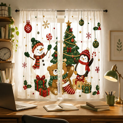 2Pcs Christmas Snowman Penguin Bear Print Sheer Curtains, Festive Winter Holiday Scene Light Filtering Window Drapes For Living Room Bedroom Kitchen