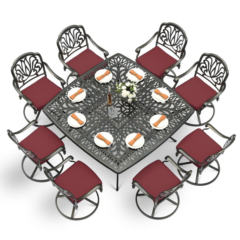 Bloomsbury Market 9-piece Outdoor Furniture Dining Set For 8, All-weather Cast Aluminum Patio Table And Chairs Set With 8 Chairs, 63.98" Large Square Dining Table With 2.2" Umbrella Hole
