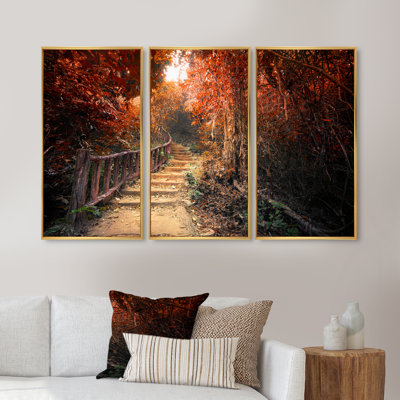 Escalier à travers la forêt d'automne rouge - ensemble d'art mural sur toile encadré paysage