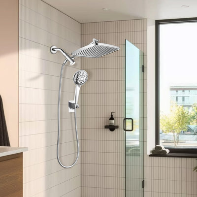 Pomme de douche à pluie double 12 pouces avec bras d'extension et douchette multifonction 8-Spary Chrome
