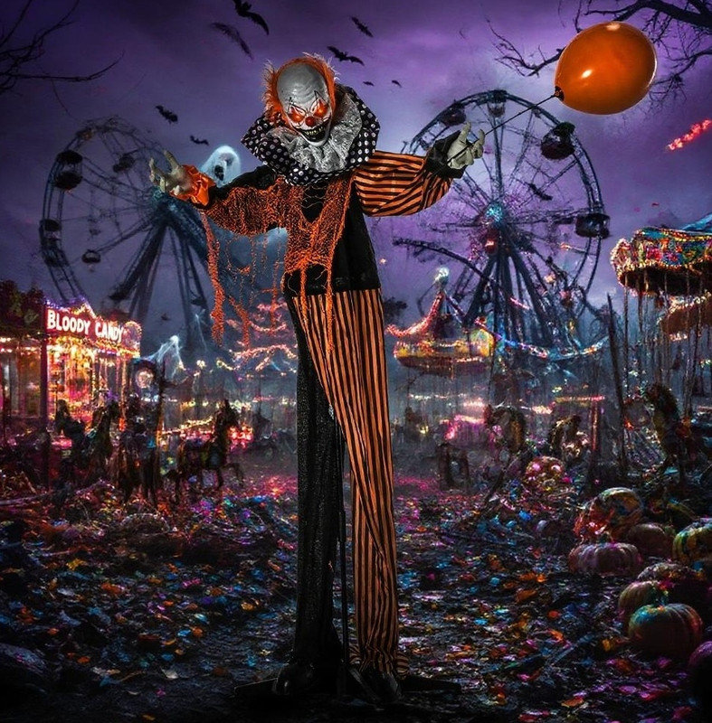 Clown de cirque d'Halloween en plein air - accessoire parlant avec ballon, rires activés par le mouvement et yeux illuminés