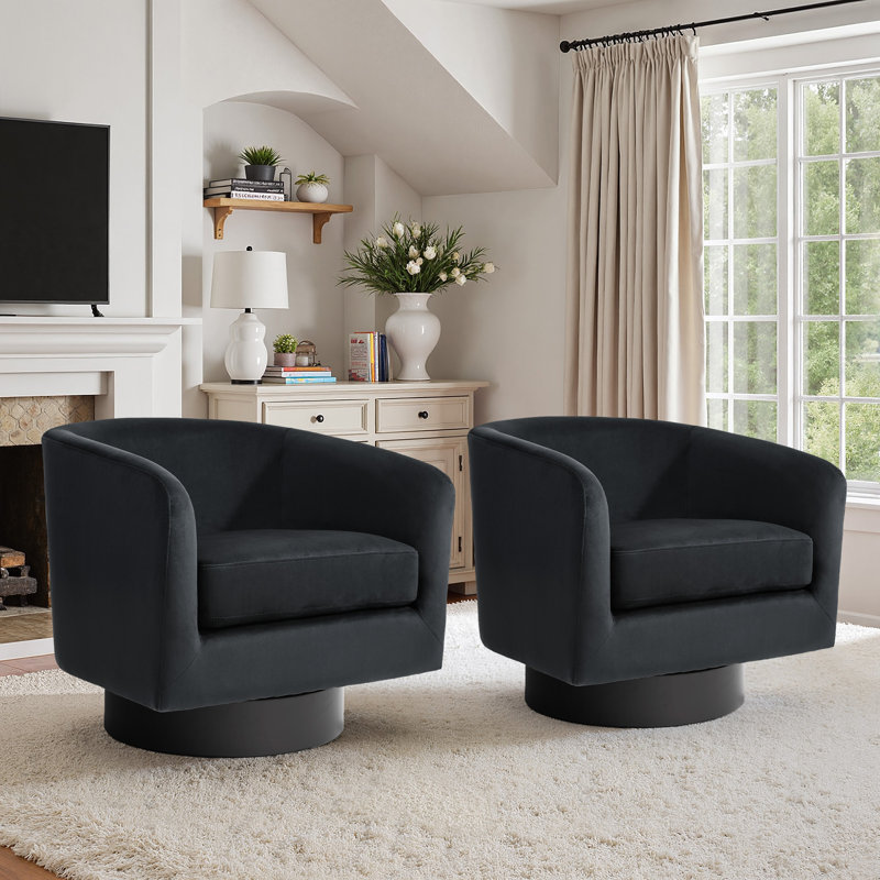 Velvet Upholstered Swivel Barrel Chair, Black