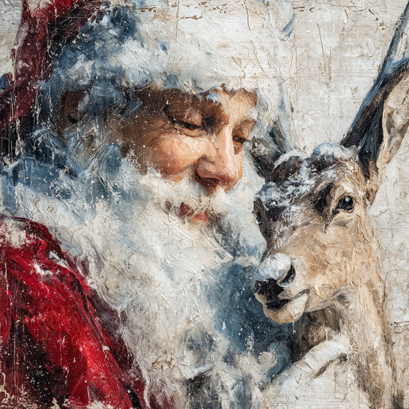 Santa Embracing Reindeer Wrapped Canvas Wall Art, 20" H x 20" W