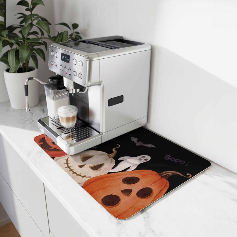 Tapis de cuisine/bar à café, tapis absorbant antidérapant avec motif citrouille et fantôme d'Halloween, motif effrayant de chauve-souris fantôme sur fond noir, 51 x 81 cm
