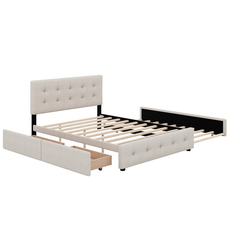 Grand lit plateforme tapissier avec tiroirs et lit gigogne, Beige foncé