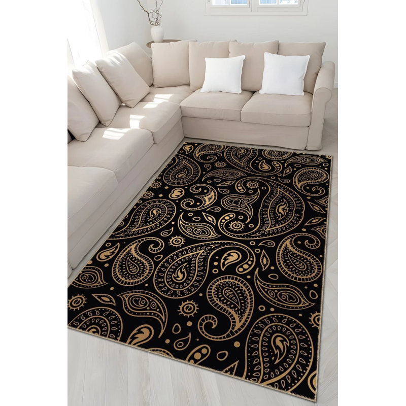 Tapis décoratif moderne à motif abstrait noir et beige, Rectangle 2 pi 4 po x 4 pi