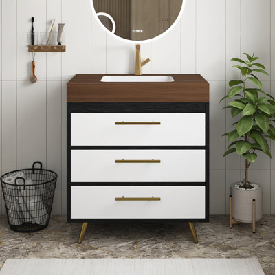 30 Inch Modern Free-Standing Bathroom Vanity With Ceramic Sink And Durable Sintered Stone Top,3 Drawers With Gold Handles