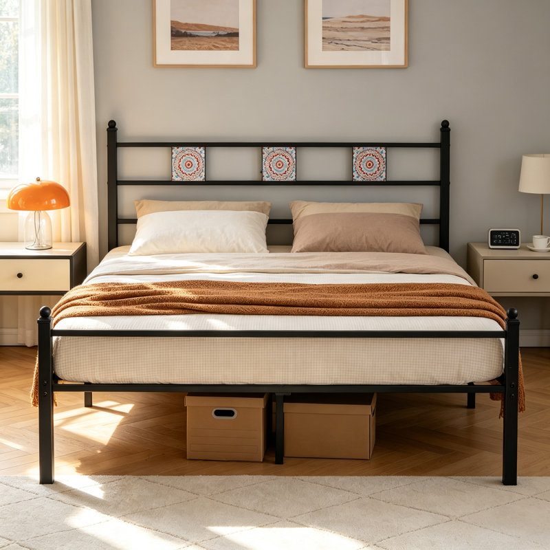 Structure de lit double en métal noir, tête de lit décorative Boho, espace de rangement sous le lit, lattes en acier robustes, assemblage facile pour la chambre à coucher