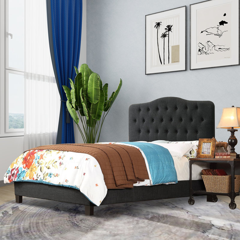 Upholstered Button-tufted Platform Bed Frame with Adjustable Height Headboard, Black, King