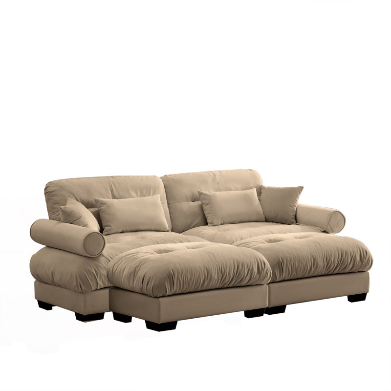 Très grand canapé 2 places moderne avec repose-pieds et coussins, canapé confortable, Chameau