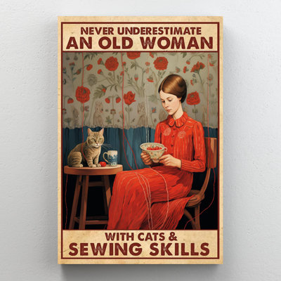 «Woman With Cats And Sewing Talents», reproduction d'art graphique sur toile tendue 1 pièce